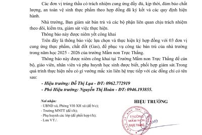 Thông báo công khai về việc lựa chọn các đơn vị cung ứng các loại thực phẩm, nước uống, chất đốt phục vụ công tác bán trú cho trẻ trường mầm non Trực Thắng Năm học 2025 – 2026