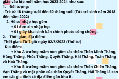 Thông báo tuyển sinh và tập trung học sinh năm học 2023-2024- Trường MN Trực Thắng